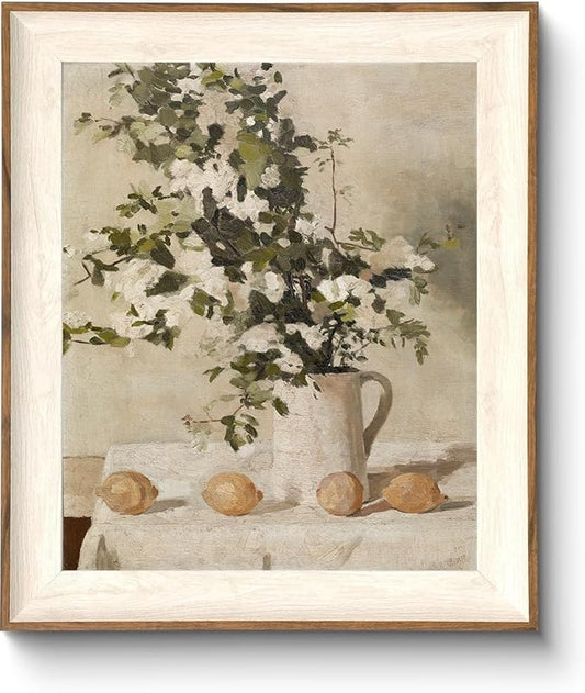 ASTRDECOR Framed Vintage Wall Art, Farmhouse Wall Decor White Flowers Canvas Oil Painting, Vintage Kitchen Decor Floral Wall Art Lemon Botanical North Art Prints for Kitchen Bedroom - 10''x 12''