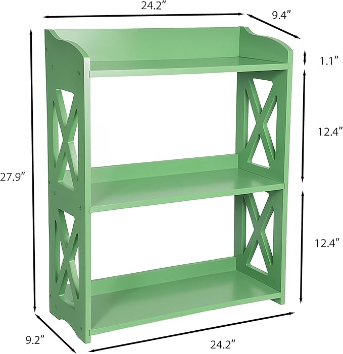 Green Bookcase by Natural Wood, 3 Tier Bookshelf, Small Book Shelves Freestanding Display Storage Shelves. Open Bookshelf for Bedroom, Living Room and Office (Green, 3 Tier)