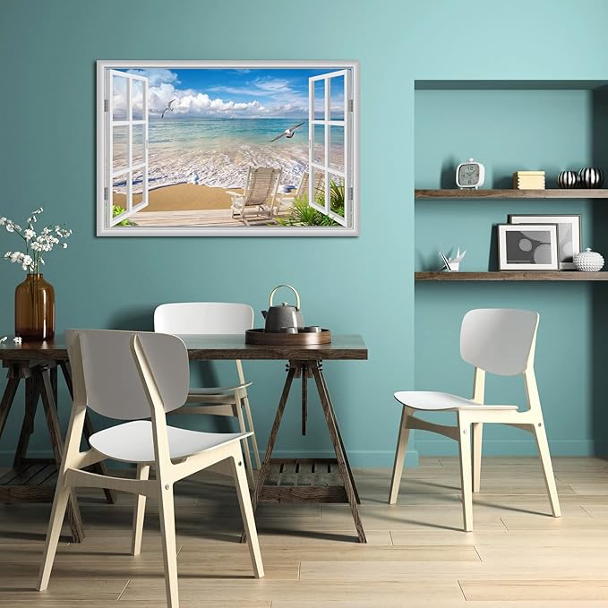 Large Beach Pictures Wall Art Canvas Print Artwork Blue Ocean Seascape Window frame Decor Living Room Bedroom Office 24 x36