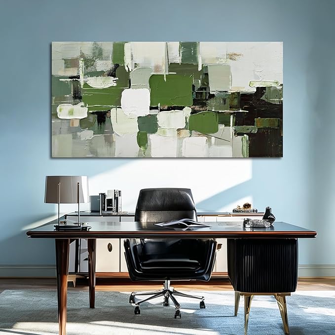 ZUNARE Abstract Geometric Wall Art Green White Black and Gray Canvas Painting, Layered Color Block Modern Artwork for Living Room Bedroom Kitchen Office Wall Decor 24"x48"