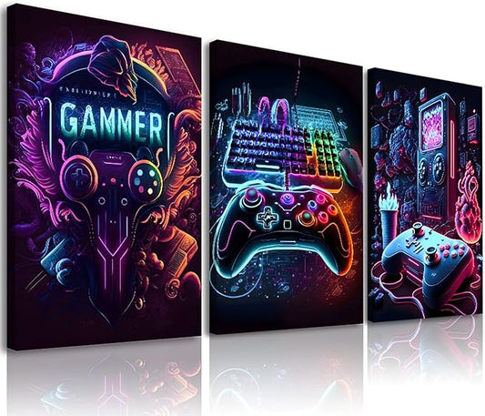 Gaming Room Decor-Video Gaming Theme Wall Art Framed,Gaming Wall Decor Video Game Poster for Boys Room Neon Gamepad Headphones Canvas Art Prints Cool Boys Bedroom Decor Wall Art,12x16inch