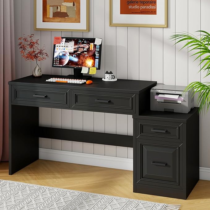 Vabches 61" Farmhouse Computer Desk with Storage and File Drawer, Executive Desks with Printer Stand, Rustic Large Home Writing Desk for Home Office.Black