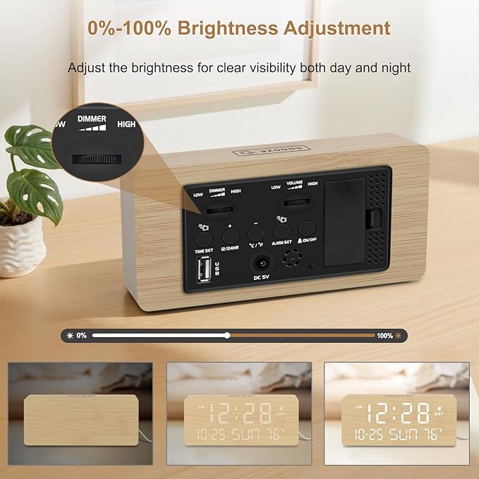 DreamSky Wooden Digital Alarm Clocks for Bedrooms - Living Room Desk Clock with Date and Day of Week, Temperature, USB Port, Dimmer Wheel, Adjustable Volume, Auto DST, Wood Decor for Office Table