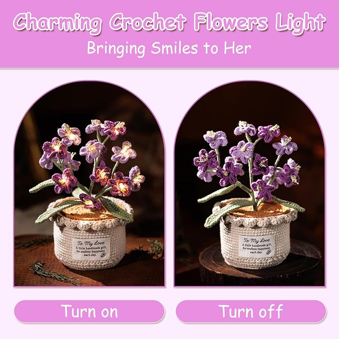 Forget Me Not Flower Lamp - Purple Crochet Artificial Flowers with Night Light, Cordless Table Lamp, Cozy Home Decor Crochet Gifts