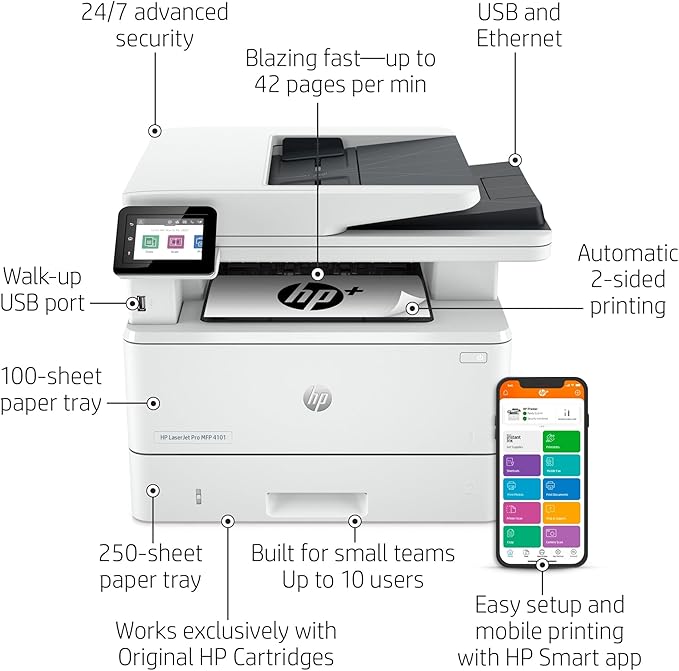 HP LaserJet Pro MFP 4101fdne Black & White Monochrome Printer with HP+ Smart Office Features and Fax