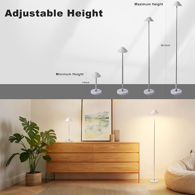 Rechargeable Floor Lamp for Indoor/Outdoor, Cordless Tall Standing Lamp with 3 Color Temps & Dimmable, IP43 Waterproof, Adjustable Height 16-56 Inch, Portable Pull-Up Lamp for Camping, Patio(White)