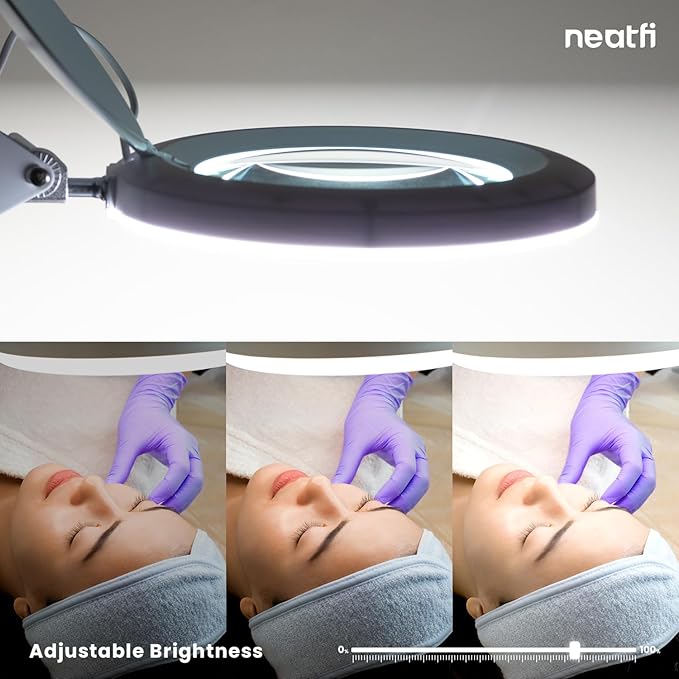 (New Model) Neatfi LED Magnifying Lamp with Clamp | 2.25x Magnification | 120 SMD LEDs | 1,200 Lumens | 12W | Adjustable Color Temperature Desk Lamp Magnifier (White, 5-Inch Lens, 5 Diopter)