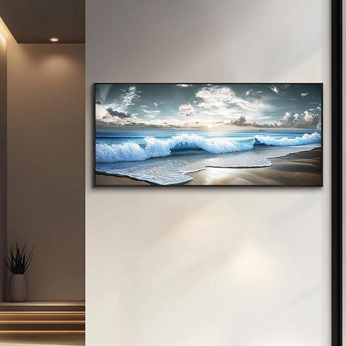 Mhartk66 Beach Framed Wall Art-Extra Large Paintings For Living Room Ocean Canvas Prints Coastal Artwork For Walls Landscape Nature Posters Waves Seascape Pictures Modern Home Decor for Bedroom Office
