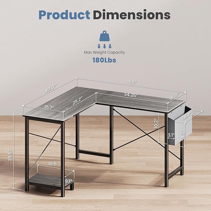 Sweetcrispy L Shaped Desk Computer Gaming Corner Table 51 Inch Home Office Writing Student Work PC Workstation with Side Storage Bag CPU Stand for Bedroom Small Spaces