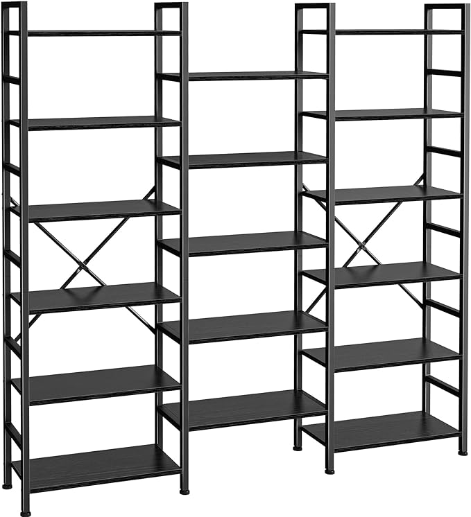 SUPERJARE Triple Bookshelf, Bookcase with 17 Open Display Shelves, Wide Book Shelf Book Case for Home & Office, 6 Tier, Black