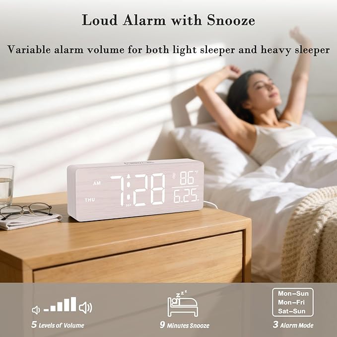 DreamSky Wooden Digital Alarm Clocks for Bedrooms – Large Display Desk Clock with Date & Day of Week for Living Room, Temperature, Dimmer, Adjustable Volume, Auto DST, Office Wood Décor (Plug-in)