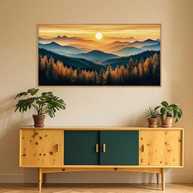 BICERE Large Abstract Sunrise Mountain Framed Canvas Wall Art,Boho Nature Forest Wall Decor,Foggy Pine Tree Wall Painting,Retro Landscape Artwork for Living Room,Bedroom,Dining Room,Office - 20"x40"x1