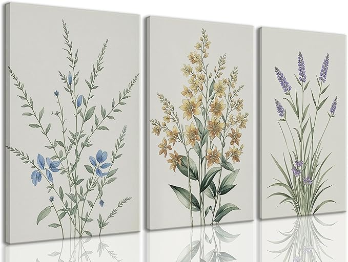 TUEASKY 3 Piece Canvas Wall Art Wildflower Wall Decor Botanical Pictures Floral Paintings Watercolor Prints Minimalist Artwork for Bedroom Bathroom Living Room