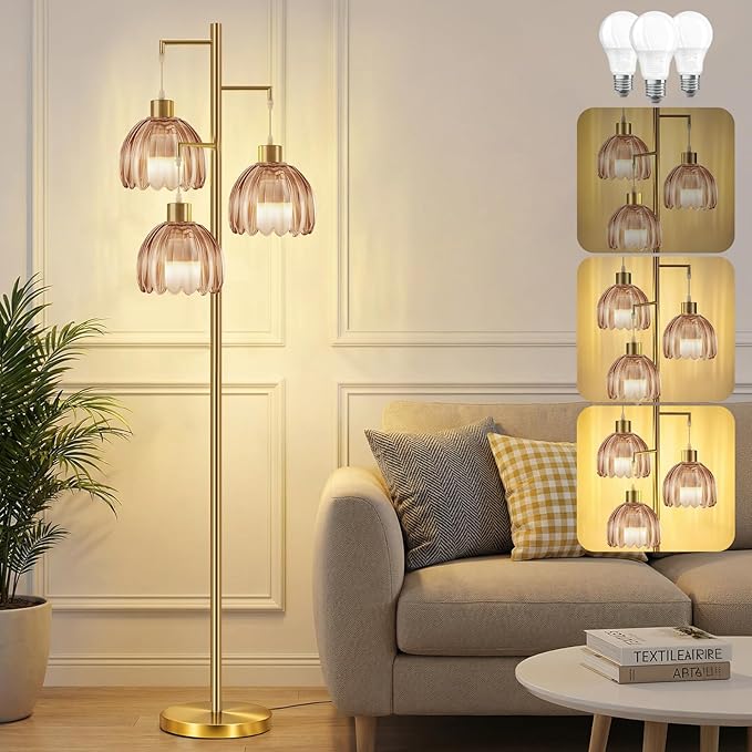 Floor Lamp for Living Room, 3 Light Standing Lamp Mid Century Modern Gold Tree Tall Floor Lamps Vintage Retro Floor Lights Glass Flower Lamp Shade Farmhouse Boho Bohemian