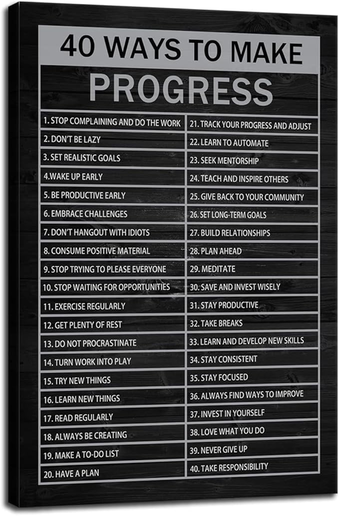 Inspirational Canvas Wall Art 40 Ways to Make Progress Motivational Posters Prints Modern Home Decor Painting Artwork for Living Room Bedroom Pictures Framed Ready to Hang[12" W X 18" H]