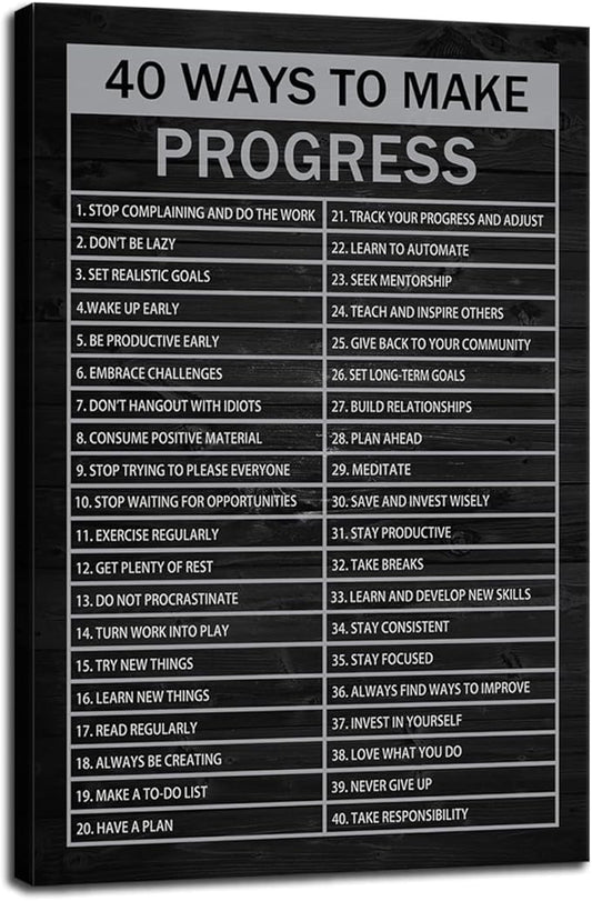 Inspirational Canvas Wall Art 40 Ways to Make Progress Motivational Posters Prints Modern Home Decor Painting Artwork for Living Room Bedroom Pictures Framed Ready to Hang[12" W X 18" H]