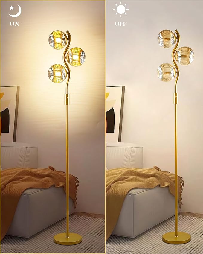 Lightdot 60IN Dimmable Gold Floor Lamp with 3 Glass Globe Mid Century Standing Lamps with 3Pcs 3000K Bulbs Included Stepless Brightness Adjustable Modern Tall Lamp for Bedroom/Sofa Beside/Corner Decor
