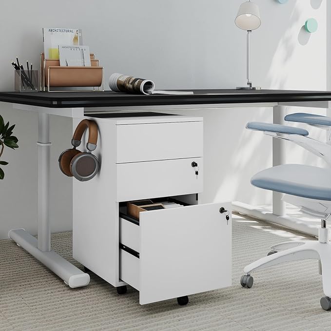 LOKO Mobile File Cabinet with 3 Drawers, Wooden Rolling Filing Cabinet with Lock, Under Desk File Organizer for A4/Letter/Legal Size, for Home Office, Study (White)