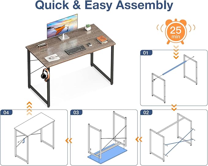 Casaottima 40 Inch Small Computer Desk for Home Office, Study Writing Table for Small Spaces, Simple Modern Desk with Headphone Hooks, Grey Oak
