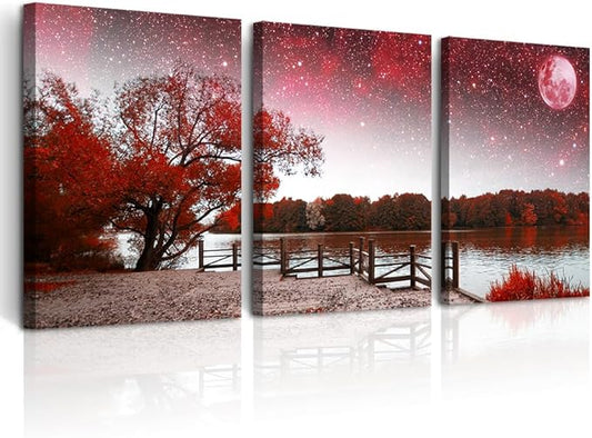 DZRWUBHS Red Tree Landscape Wall Paintings Large Canvas Wall Art For Living Room Modern Wall Decoration For Office Bedroom Decor Inspiration Abstract Pictures Prints Artwork Room Home Decor 3 Piece