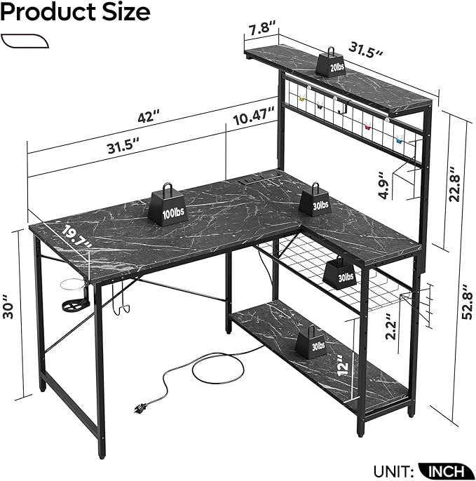 Bestier 42 L Shaped Gaming Desk, Computer Desk with Power Outlets & LED Light, Reversible Corner Desk with Shelves, Home Office Desk with Storage, Black Marble