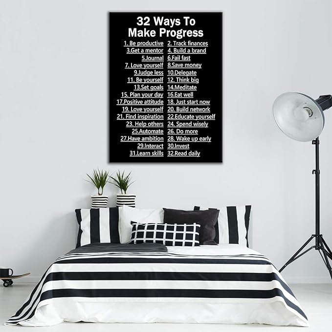 32 Ways To Make Progress Motivational Canvas Wall Art Office Decor Poster Inspiring Quotes Inspirational Print Painting Artwork for Home Living Room Gym Classroom Stretched and Framed [18''Wx24''H]
