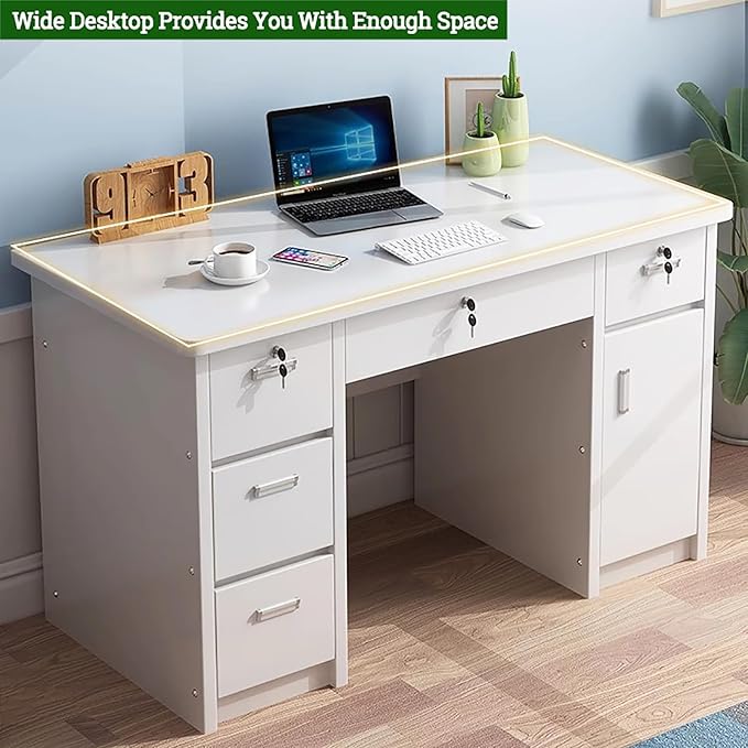 Office Computer Desk 29.5" H with Drawers, Wood Computer Desk Vanity Desk, Wood with Drawers, Workstation Desk for Bedroom Living Room (Gray,47" L x 20" W x 30" H)