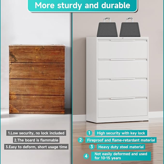 4 Drawer Lateral File Cabinet with Lock, Heavy-Duty Metal Filing Cabinet for Home Office, Steel Storage Compatible with Hanging Files Letter/Legal/F4/A4 Sizes (4 Drawer, White)