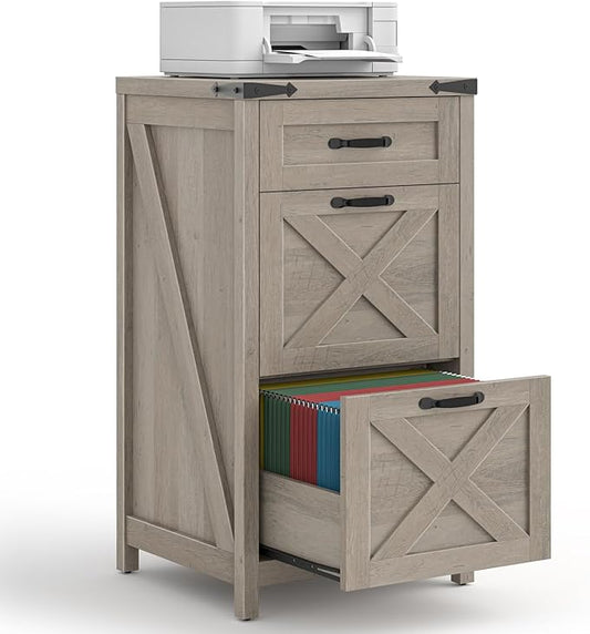 3 Drawer Small File Cabinet, Farmhouse Vertical Filing Cabinet Fits Letter/A4 Size, Wooden File Cabinets Printer Stand for Home Office, Living Room, Rustic Grey