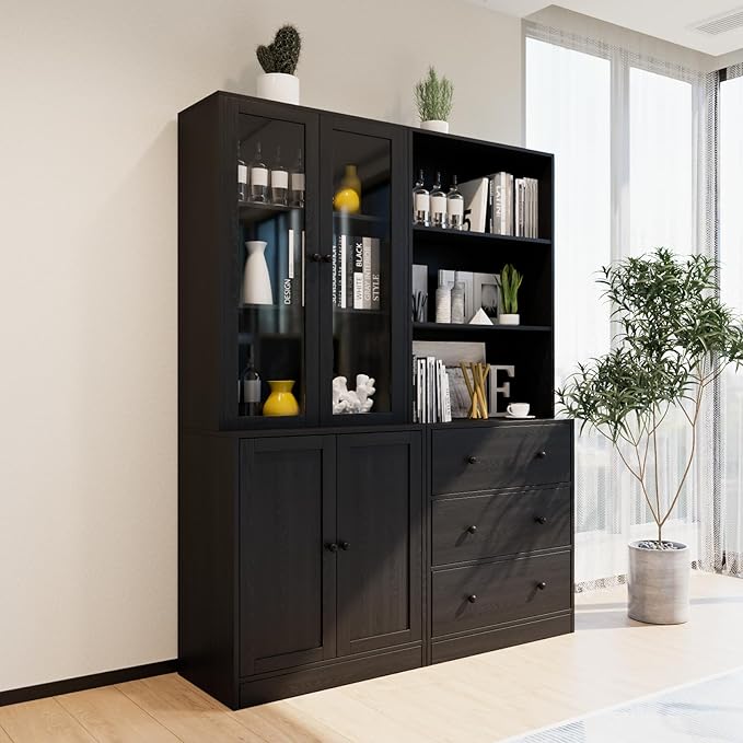 TUSY 71" H Bookshelf with Storage, 6-Tier Modern Bookshelves with 3 Large Drawer, Display Bookcase with Glass Doors, Modern 5-Tier Curio Cabinet for Home Office, Dining Room (Black, AB)