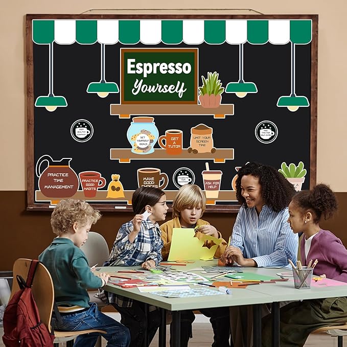 Coffee Bulletin Board Set Mental Health Classroom Bulletin Board Decorations Coffee Shop Motivational Cutouts Classroom Decorations for Back to School Office Home Chalkboard Decor Wall Door