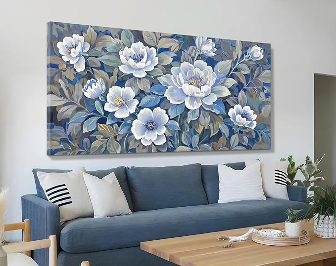 amatop Oversized Wall Art Large Floral Blue Canvas Picture Modern Canvas Wall Decor For Living Room Botanical Artwork Abstract Art Print For Dining Room Bedroom Hallway And Office 58X29