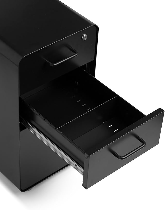 Poppin Black Slim Stow 3-Drawer Rolling File Cabinet, One Lock Secures All Drawers, Durable Powder-Coated Steel Construction, Stay Organized and Keep Documents Safe, 12.5" x 20" x 25"