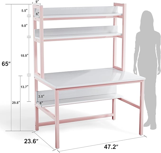Aquzee Pink Desk Hutch, 47in Woman Computer Desk with Bookshelf & Storage Shelves, Space Saving Girls Writing Study Craft Table for Bedroom Kids Room, White Wood & Pink Iron Home Office Desks