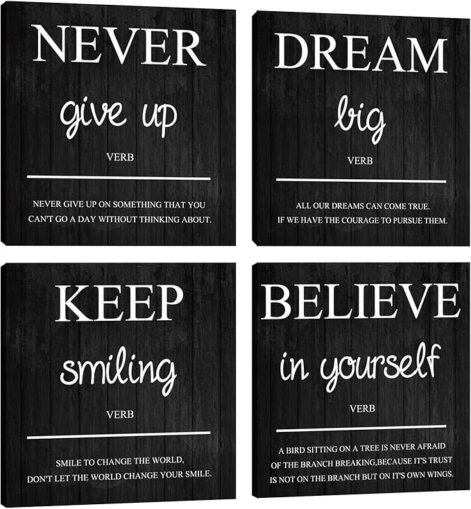 Halioyo Motivational Wall Decor, 4 Pieces Inspirational Wall Art Prints, Motivation Office Positive Quote Posters, Canvas Wall Decor for Home Living Room Classroom (12X12 Inches)