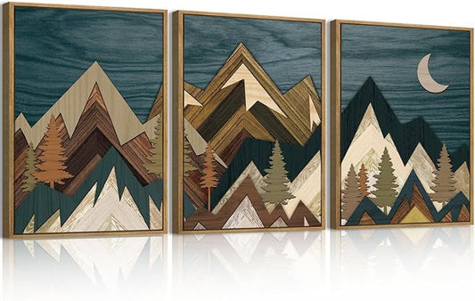 BINCUE Boho Mountain Wall Art Framed,Large Landscape Wall Decor Canvas,Modern Nature Artwork Forest,Abstract Blue Mountain Art Prints Wood for Home Bedroom Living Room Office 12" Lx16''W Set of 3
