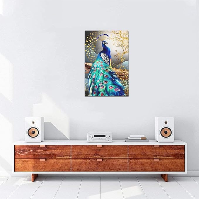 yerretin Peacock Wall Art Peacock Golden Tree Pictures Wall Decor Bird Canvas Painting Modern Decoration Artwork for Bathroom Living Room Bedroom Office Framed 16"x24"