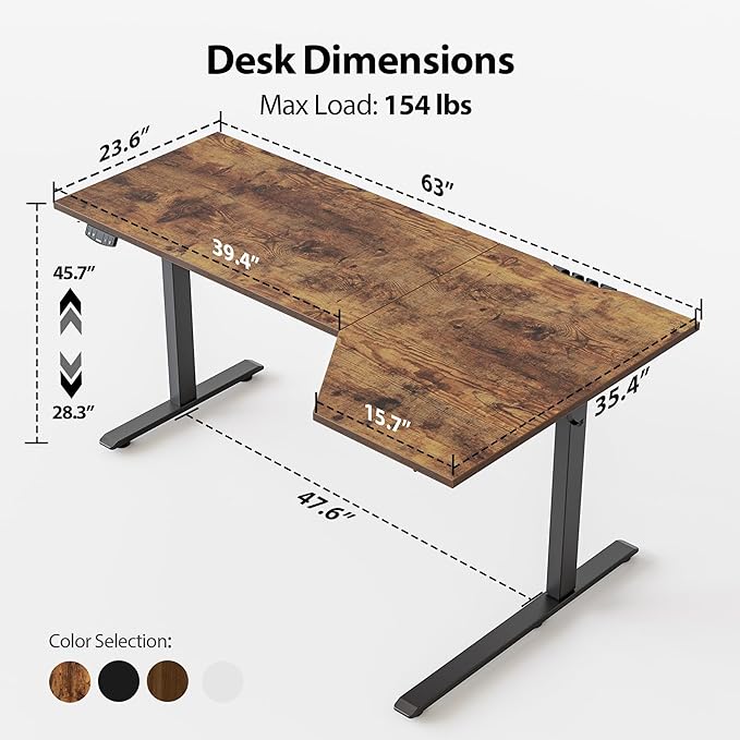 Agilestic Electric Standing Desk, Height Adjustable Desk, 63 x 35 Inch Sit Stand up for Work Office Home, L Shaped Ergonomic Rising Computer Table with Memory Preset, Rustic Brown