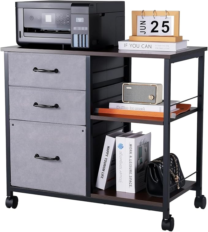 VEVOR Metal File Cabinet, Mobile Filing Cabinet with 3 Fabric Drawers and 2 Open Shelves, Wooden Vertical Filing Storage Cabinets with Wheels for Letter, A4, Legal Size File, Easy Assembly, Brown