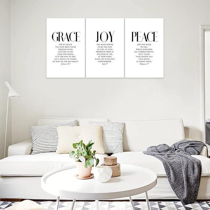 3 Piece Inspirational Wall Art White Motivational Mindset Picture, Quote "Grace Joy Peace" Canvas Print for Christian Gifts, Triptych Entrepreneur Poster Framed Artwork for Home Wall Decor(48"Wx24" H)