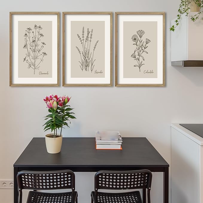 TQianJiang Vintage Botanical Wall Art 24"x16" Set Of 3 Wood Framed Wildflower Pictures Wall Decor for Bedroom Minimalist Wall Hanging (Wood)