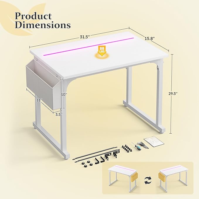 32 Inch White Computer Desk with LED Lights for Small Spaces, Office Desk for Home Office, Gaming Study Desk Writing Table with Storage Bag,Desk with Frame Headphone Hook