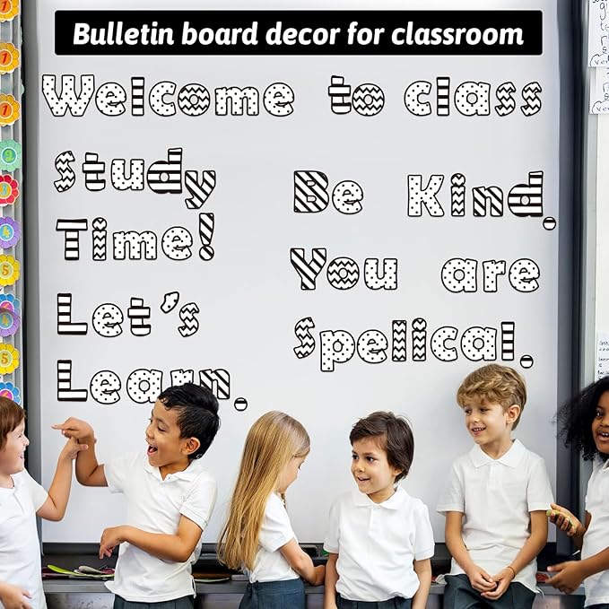 260 Pcs Black and White Bulletin Board Letters for Classroom 4” Letters Combo Pack Set Dots Stripe Classroom Decorations Alphabet Numbers Symbols Letters for Bulletin Board Classroom Decor