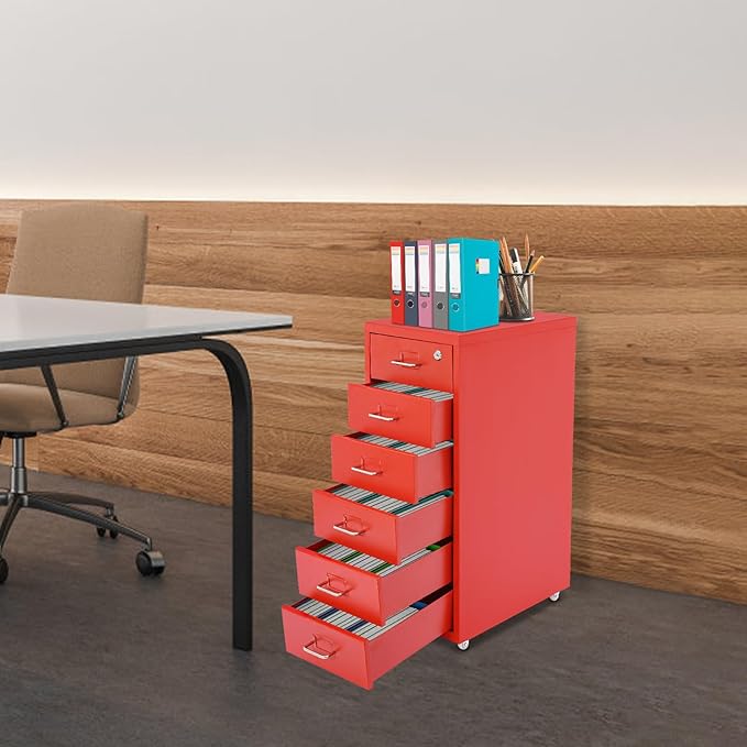 6-Tier Metal File Cabinet with Wheels and Lock, Filing Cabinet for Home Office, Metal Filing Storage Cabinets with Handle for Office Home, Easy Assemble