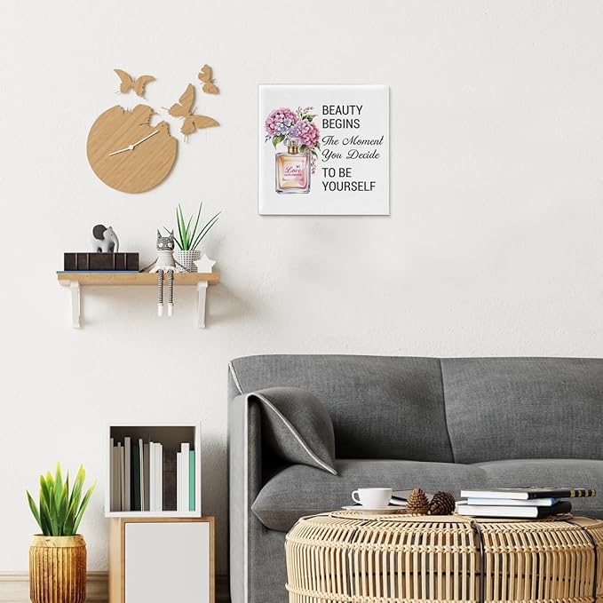 Inspirational Pink Flower Wall Art Decor for Powder Room Bedroom Bathroom, Motivational Quotes Wall Decor Canvas Painting Pictures Artwork Gift for Women Teens (8 X 8 Inches, Framed)