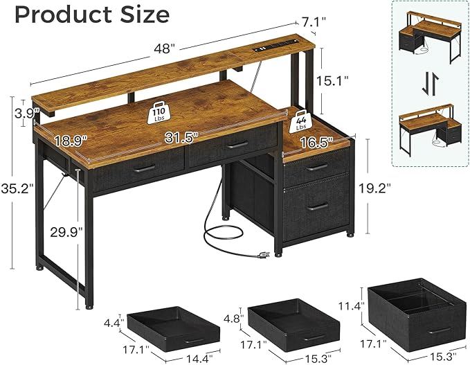 AODK Computer Desk with 4 Drawers, 48 Inch Office Desk with Printer Shelf & Built-in Power Outlet, Work Desk with Monitor Shelf for Home Small Spaces, Rustic Brown
