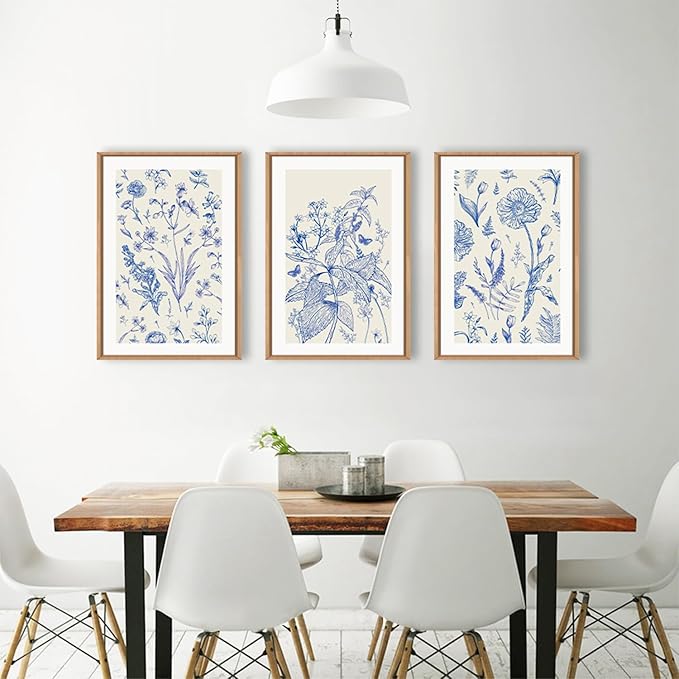 KAIRNE Blue and White Floral Wall Art Set of 3, Chinoiserie Framed Canvas Art Prints, Navy Watercolor Botanical Flower Painting, Wildflower Decor for Living Room, Bedroom, Bathroom, Home - 16x24 Inch