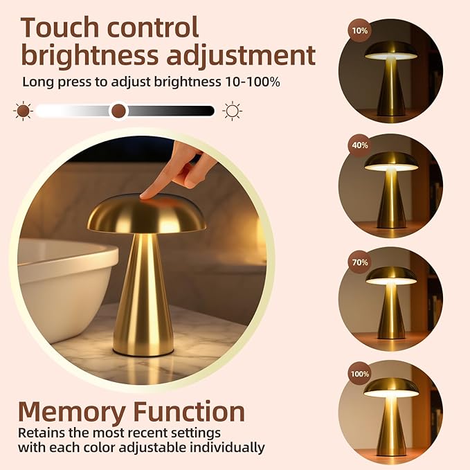 Portable LED Desk Lamp, 5000mAh Rechargeable Battery, 3-Color Touch Control, Cordless Table Lamp with Stepless Dimming, Modern Bedside Lamp for Bedroom, Living Room, and Dining Room (1-Pack Gold)
