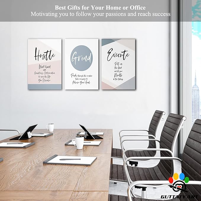 Office Wall Art - 3 Panel Motivational Wall Art, Inspirational Quotes Canvas Art for Home Office Wall Decor, Positive Quotes Wall Decor, Entrepreneur Grind Hustle Execution Poster Frame (16”x24”x3Pcs)