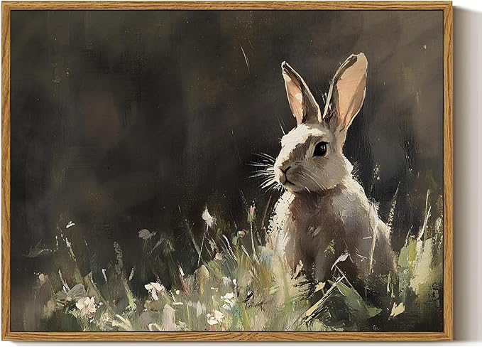 ARPEOTCY Vintage Framed Canvas Wall Art, Cute Bunny Wall Art for Living Room Bedroom, Rustic Moody Rabbit Spring Painting Pictures Home Decor for Easter Decoration (12x16 Inch)
